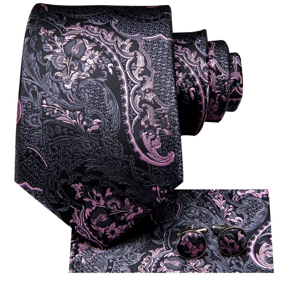 8691 63'' Paisley Black Pink Extra Long Ties Silk Ties Set Necktie